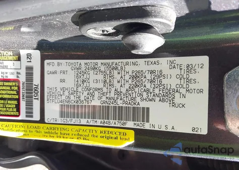 2012 Toyota Tacoma Base V6 z USA, uszkodzony, nr VIN 5TFLU4EN6CX036767